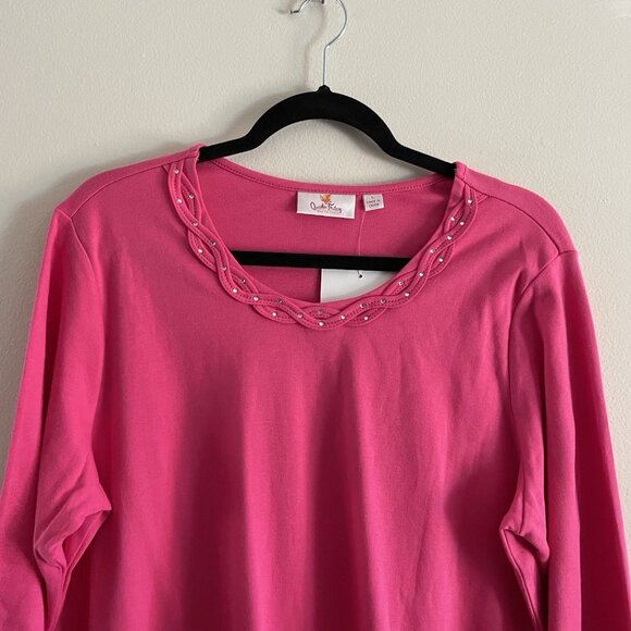Quacker Factory Women L Pink Rhinestone Braided Sparkle 3/4 Sleeves T-Shirt NWT - Picture 5 of 11